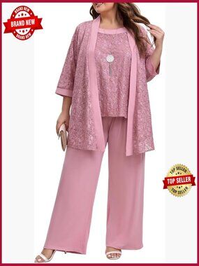 Plus Size Mother of Bride 3pc Dressy Lace Sequins Pant Suit Wedding Guest Outfit